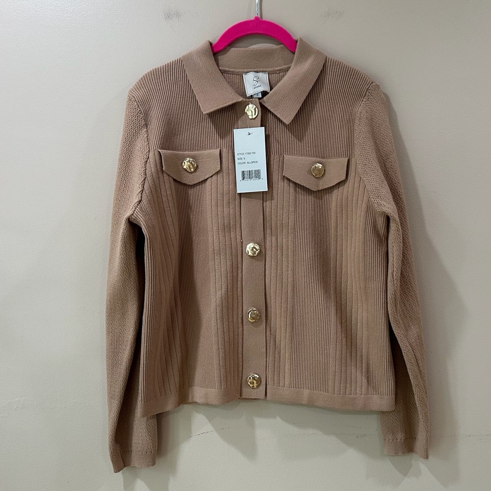 NWT Sioni Ribbed Knit Jacket Cardigan S Allspice Tan Gold Button Collar Shacket
